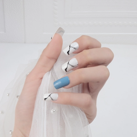 Press On Nails Marble Texture Morandi Blue Glossy Square Shape Full Cover Artificial Finger Nails Manicure Accessories