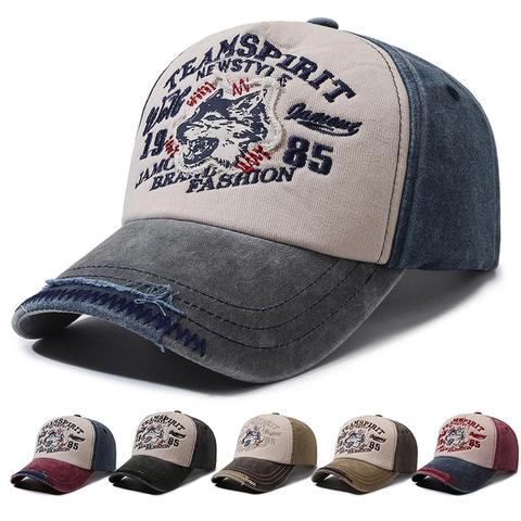 Cappello Da Baseball Vintage 100% Cotone Lavato Patchwork Ricamo Lupo Cappello Sole Per Uomini Regolabile