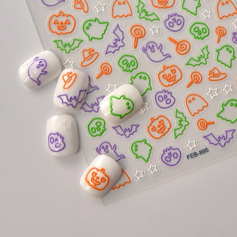 Adesivi Per Unghie Halloween 5D Rilievo Fantasma Zucca Pipistrello Teschio Autoadesivi Impermeabili Manicure DIY