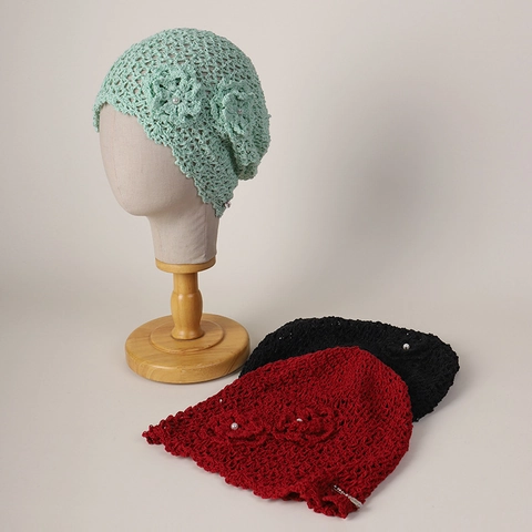 Women Crochet Beanie Washi Tencel Blend Hollow Mesh Artificial Pearl Flower Summer Breathable Bohemian Knitted Hat