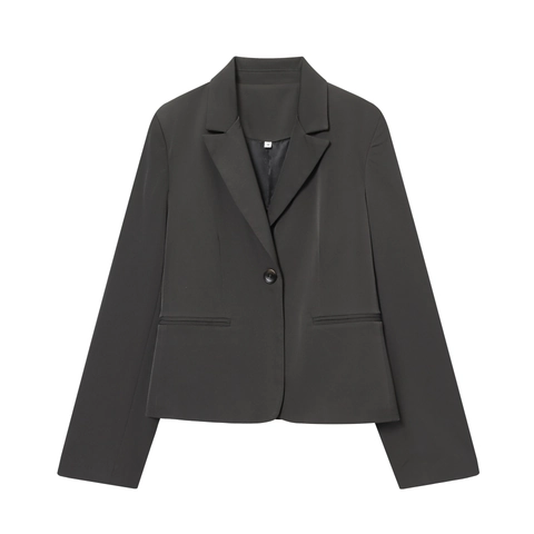Blazer Court Et Jupe Plissée Gris Anthracite Polyester Tissé Taille Haute Avec Poches Style Streetwear Décontracté