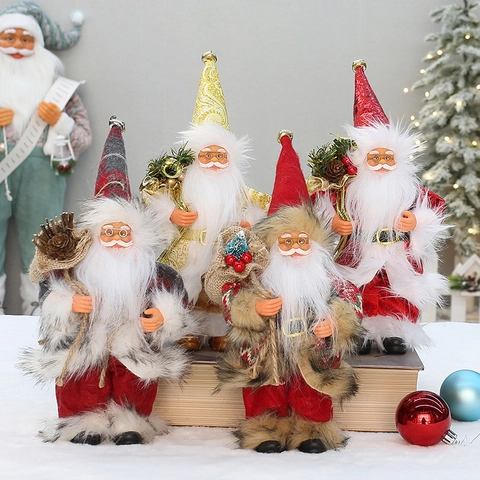 Standing Santa Claus Figurine Christmas Decoration Fabric Faux Fur Plaid Gold Classic Holiday Ornament Desktop Display