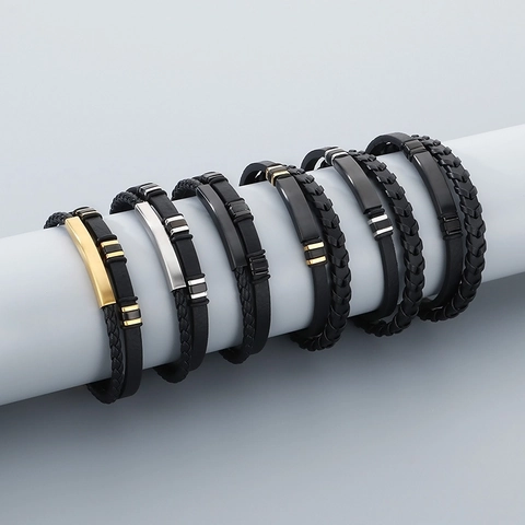Pulsera De Hombre Capas De Cuero Trenzado Placa De Acero Inoxidable Cierre Magnético Joyería De Moda Punk Casual