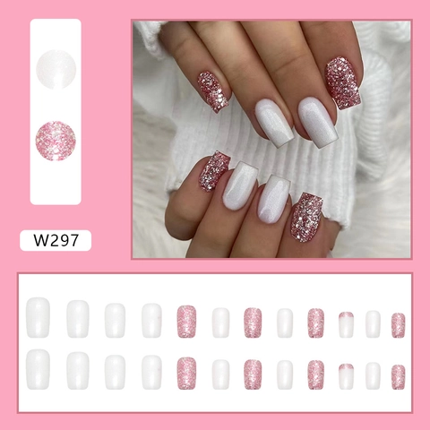 Unghie Finte Press On Glitter Rosa E Bianco Perla Artificialto Stile Aurora Lunghezza Media Forma Quadrata Europea Da Donna