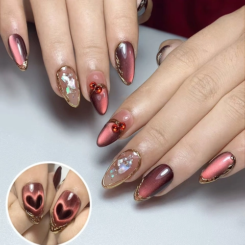 Weinrot Cat Eye Press On Nägel Mit Herz Strass Muschel Goldfolie Muster Elegante Künstliche Nägel Für Damen