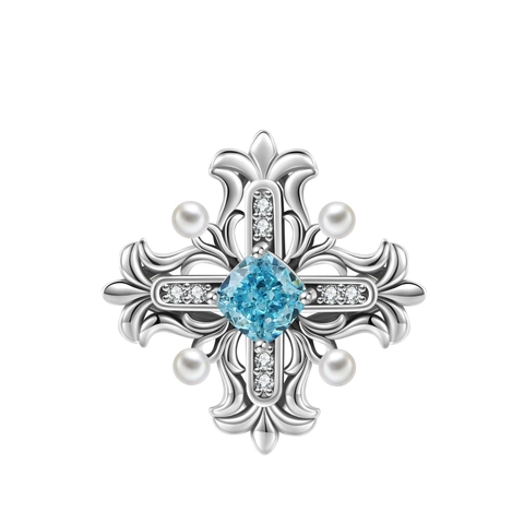 Vintage Baroque Cross Pendant Necklace 925 Sterling Silver Blue Gemstone White Artificial Pearl Rhinestone Jewelry For Women
