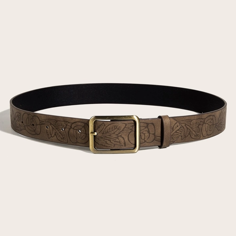 Vintage Brown Faux Leather Belt With Bronze Alloy Pin Buckle Embossed Floral Rose Pattern Casual Unisex Waistband