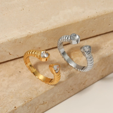 Heart Stainless Steel Ring Zirconia Threaded Band Adjustable Open Design Waterproof Fashion Jewelry For Women