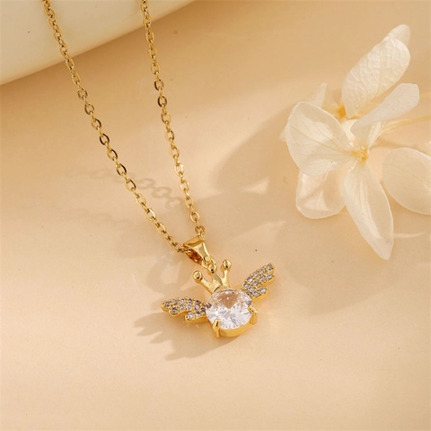Collana Con Ciondolo Ala D'Angelo Corona Catena In Acciaio Inossidabile Rame Con Zircone Gioielli Eleganti Donna