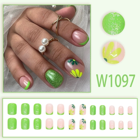 Grüne Französische Spitze Künstliche Nägel Mit Gänseblümchen Blumenmuster Glitzer Glänzend Quadratisch Rund Kurz Falsche Nägel