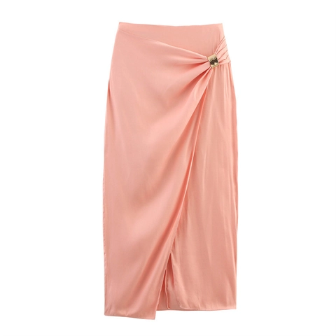 Elegante Falda Midi De Satén Para Mujer Con Hebilla Dorada De Cintura Alta Estilo Envolvente Color Rosa Liso Sedoso Dobladillo Asimétrico