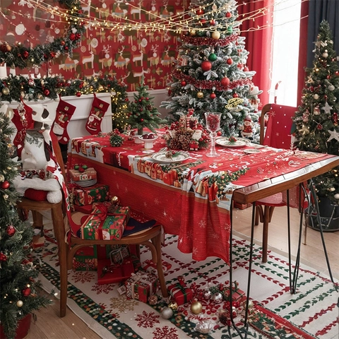 Christmas Tablecloth Polyester Fabric Rectangle Merry Christmas Print Santa Snowman Holiday Dinner Party Home Decor