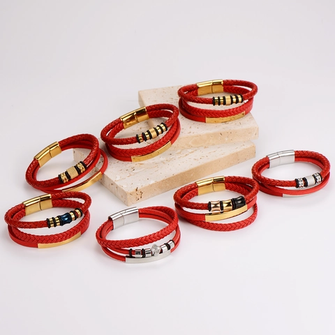 Mens Multi Layer Braided Leather Bracelet With 304 Stainless Steel Magnetic Clasp Retro Punk Jewelry Red Wristband