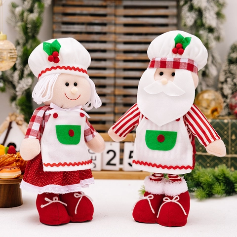 Christmas Chef Santa Mrs Claus Telescopic Doll Fabric Plush Ornament Red White Plaid Striped Festive Home Window Decor