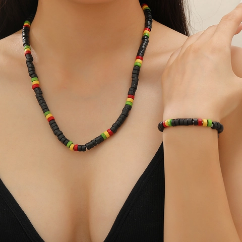 Rasta Wood Bead Necklace Bracelet Set Ethnic African Reggae Black Red Yellow Green Wooden Beaded Jewelry Set Men Women