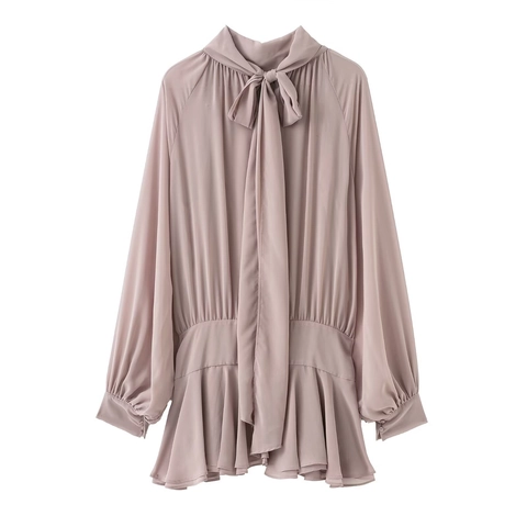 Elegant Women Chiffon Mini Dress Long Lantern Sleeve Tie Neck Bow Pleated Ruffle Hem Solid Color Retro Flowy