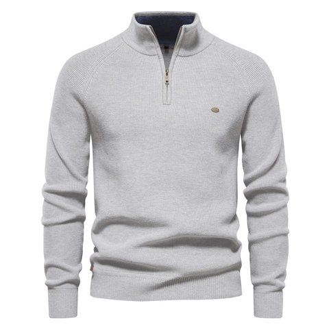 Maglione In Maglia Da Uomo Misto Cotone Mezza Zip Collo Alto Vestibilità Aderente Casual Tinta Unita Pullover