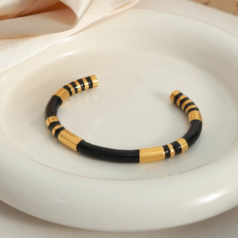 Bracciale Rigido Aperto A Righe In Smalto Placcato Oro In Acciaio Al Titanio Retrò Per Donna Gioielli Di Moda