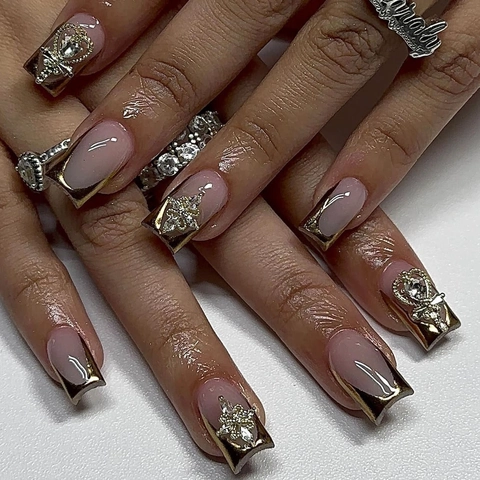 French Gold Tip Press On Nails With Alloy Rhinestone Heart Crown Decor Short Square False Nails For Women