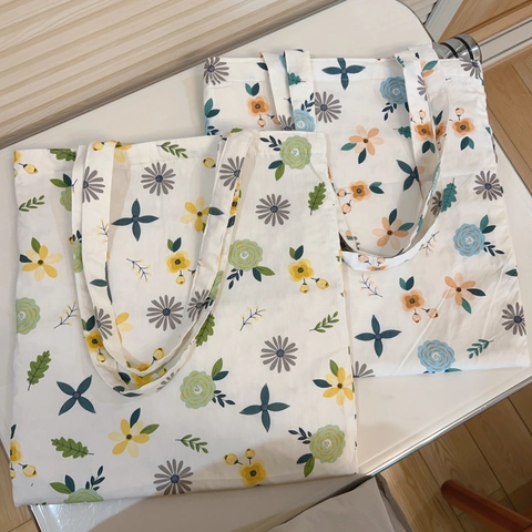 Floral Printed Canvas Tote Bag Large Capacity Double Layered Shoulder Handbag Women Daily Casual Pastoral Style