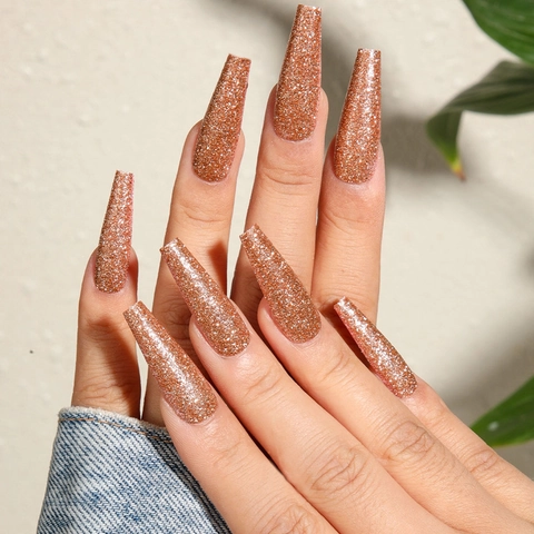 Long Coffin Press On Nails Rose Gold Glitter Full Cover Artificial False Nails Sparkly Champagne Gold DIY Manicure