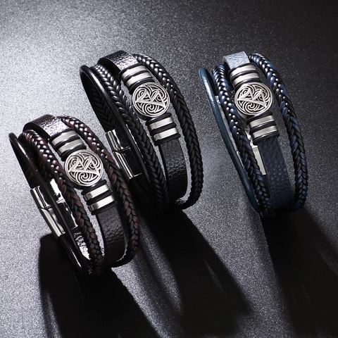 Multi Layer Braided PU Leather Bracelet Vintage Viking Valknut Metal Charm Magnetic Buckle Jewelry For Men Casual