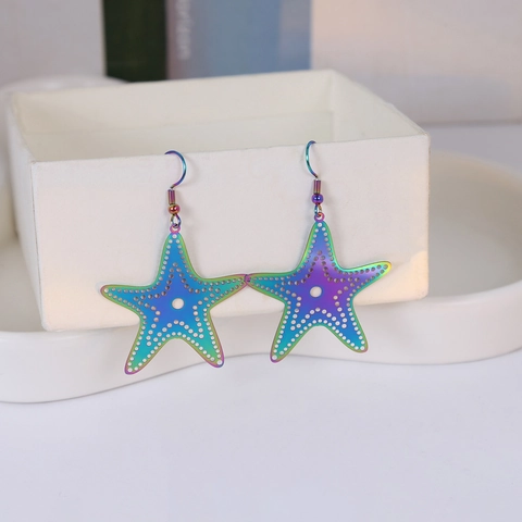 Boucles D'oreilles Pendantes Iridescentes Série Océan Acier Inoxydable Découpe Laser Animaux Marins Étoile De Mer Femme
