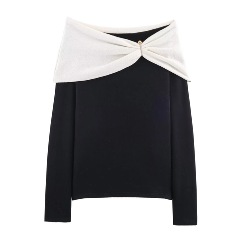 Top In Maglia Con Spalle Scoperte Da Donna Manica Lunga Colore A Contrasto T-Shirt Slim Fit Con Spilla In Metallo Elegante