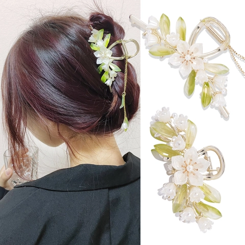 Pinza Para El Pelo Flor Lirio De Los Valles Aleación Metal Borla Perla Artificial Blanca Hoja Acrílica Estilo Chino Mujer