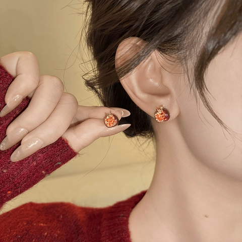 Pendientes De Botón Granada Roja Con Poste De Plata Esterlina 925 Aleación Circón Esmalte Estilo Chino Mujeres