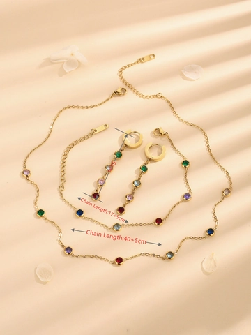Elegante Titaniumstaal Gekleurde Strass Sieraden Set Voor Vrouwen Inclusief Ketting Armband En Oorbellen Mode Accessoires Cadeau