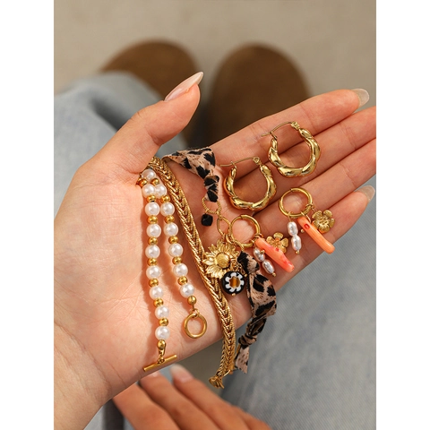 Fashion Jewelry Stainless Steel Gold Plated Artificial Pearl Rhinestone Tassel Earrings Twist Hoops Leopard Bracelet Geometric Rings