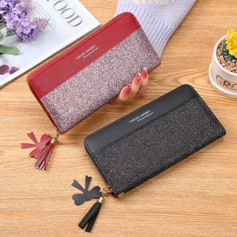 Women Long Wallet PU Leather Glitter Patchwork Zip Around Clutch With Tassel Bow Charm Multi Card Slots Phone Pocket