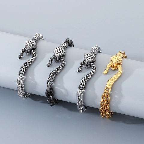 Men Bracelet Stainless Steel Snake Head Vintage Punk Byzantine Box Link Chain Jewelry Cool Accessory