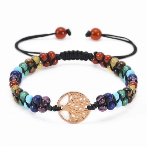 Bracelet En Pierre Naturelle Avec Pendentif Arbre De Vie En Alliage Double Rangée Tissée Perles Réglables Bijoux Boho