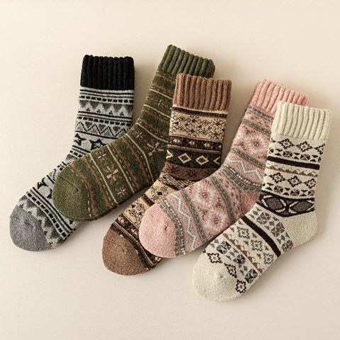 Women Crew Socks Thick Sheep Wool Blend Thermal Winter Warm Retro Ethnic Geometric Pattern Mid-Calf Knit Stockings