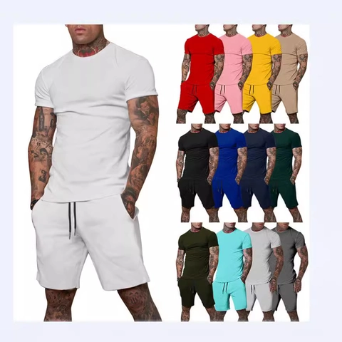 Men Short Sleeve Round Neck T-Shirt And Drawstring Shorts Casual Summer Sports Streetwear Cotton Blend Knitted