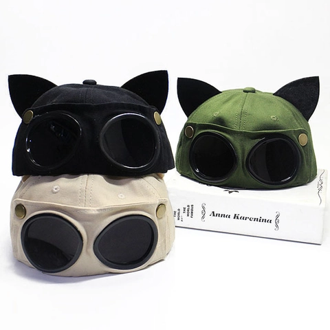 Berretto da Baseball in Cotone Con Occhiali da Pilota per Uomo Donna Regolabile Streetwear Cappello Con Orecchie di Gatto