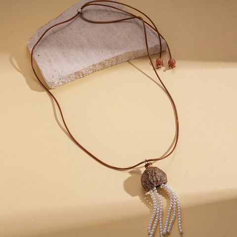 Collar Largo Con Borlas Estilo Étnico Retro Bohemio Cerámica Cáscara De Nuez Perla Artificial De Imitación Mujer