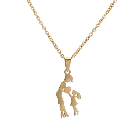 Stainless Steel Mother Child Silhouette Pendant Necklace Family Love Heart Mother's Day Gift For Women Jewelry Gold Silver