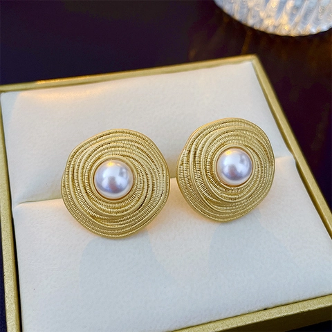 Orecchini A Lobo In Ottone A Spirale Stile Francese Vintage Con Imitazione Di Perla Artificial E Perno In Argento Sterling 925