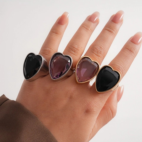 Herzförmiger Ring Legierung Zirkon Großer Edelstein Offen Verstellbar Fingerband Übertriebener Modischer Schmuck Damen