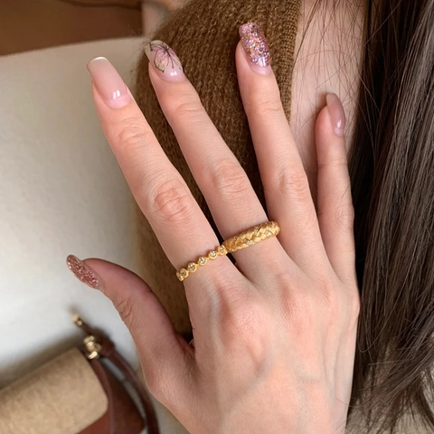 Vintage Brushed Copper Ring For Women Minimalist Rhinestone Adjustable Open Ring High End Retro Fashion Jewelry Gift