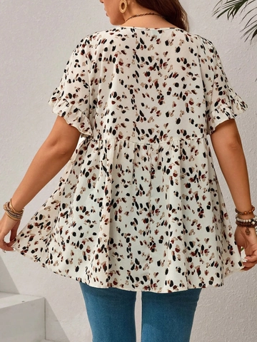 Top Peplum Da Donna Taglie Forti Stampa Floreale Maniche Corte A Volant Girocollo Camicetta Estiva Boho Poliestere