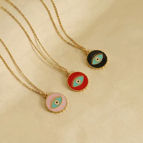Evil Eye Anhänger Halskette Edelstahl 18K Vergoldet Emaille Rund Medaille Türkischer Schmuck Für Frauen Retro Glück Accessoire