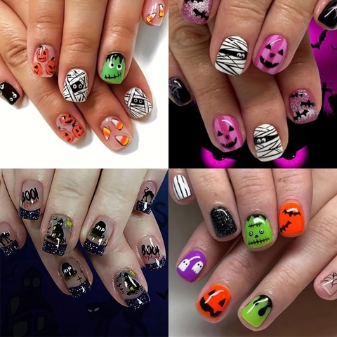 Unghie Finte Halloween Corte Quadrate ABS Design Zucca Fantasma Pipistrello Finitura Lucida Opaca Per Donne