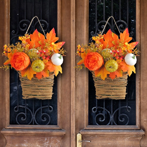 Cesto Appeso Raccolto Ringraziamento Decorazione Autunno Zucca Artificiale Foglia Acero Peonia Fiore Per Porta Parete