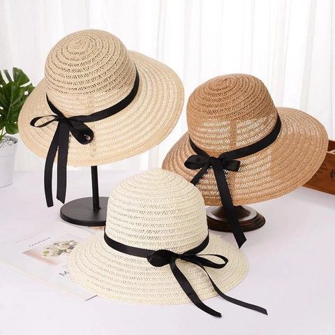 Women's Wide Brim Straw Hat Elegant Black Ribbon Bowknot Hollow Out Breathable Sun Protection Beach Vacation Sun Hat For Women