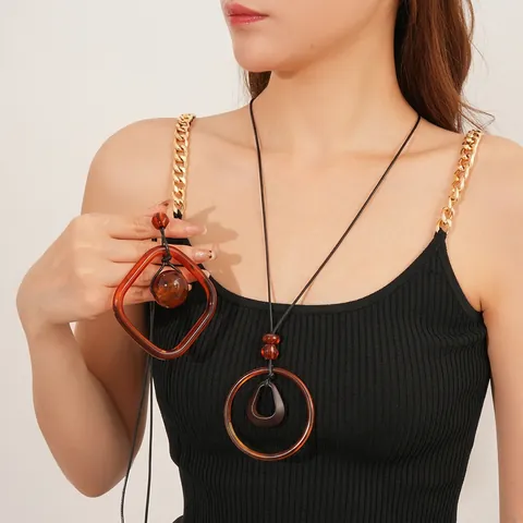 Collier Longue Pendentif Acrylique Résine Géométrique Carré Rond Ambre Cadre Corde Cire Rétro Ethnique Chaîne Pull Femmes