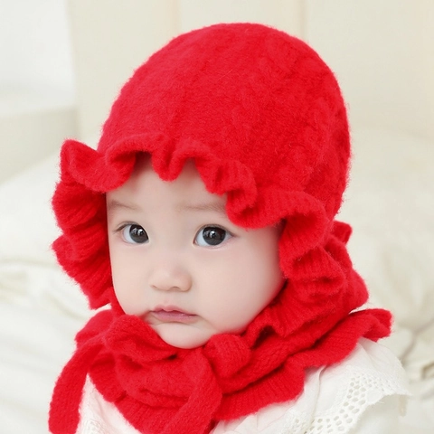 Baby Strickmütze Und Schal Rüschenkante Spitze Acryl Weich Warm Winter Herbst Haube Mit Kinnriemen